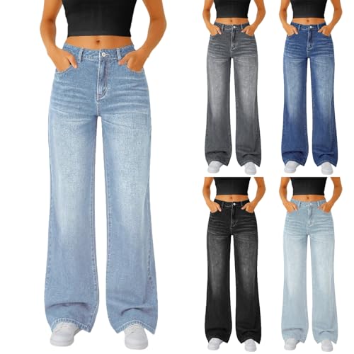 Wide Leg Jeans Woman Stretchy High Waisted Jeans Loose Straight Leg Blue Jean Boyfriend Jean with Pockets