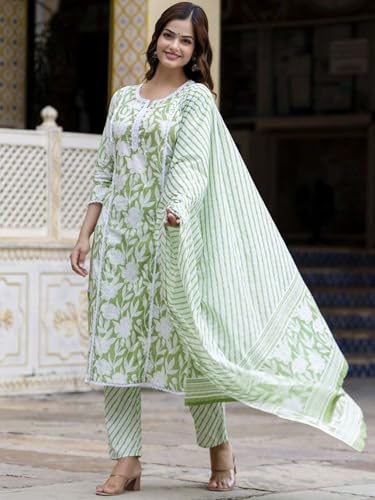 Image of PARTHVI Women Straight Floral Printed Kurta and Pant Set with Dupatta | Ethnic Set | Dupatta Set | Suit Set | Kurta Set | Wedding Suit Set