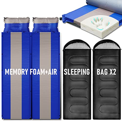 Mereza Self Inflating Memory Foam Sleeping Pad+2 Person Sleeping Bags, 3 Inch Thick Double Self Inflating Camping Pad Double Sleeping Bag Camping Set For Adults Queen Size Sleeping Pad With Pillows #TOP5