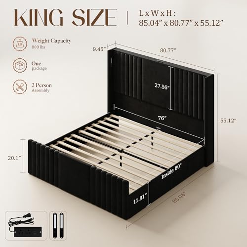 Image of King Size Bed Frame with 55.1 inch Tall Headboard, Velvet Upholstered Platform Bed with Channel Tufted Wingback, 2 Reading Lights /Storage Shelf /Charging Station /Easy Assembly /Noise-Free, Black