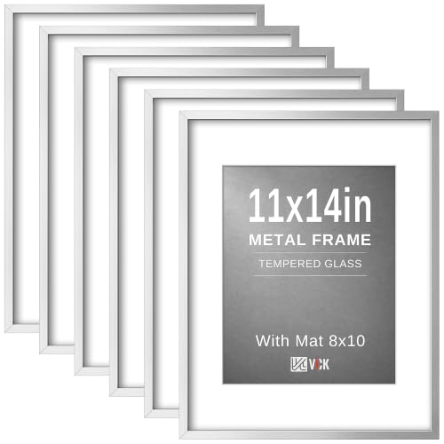 Image of VCK 11x14 Picture Frame Silver Metal, Real Glass, 8x10 Mat, 6 Pack for Arts