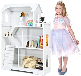 GYMAX 2-in-1 Kids Bookshelf, Wooden Children Bookcase & Dollhouse with 3 Removable Stairs and 2 Columns, 3-Tier Toy Storage Rack for Child's Room