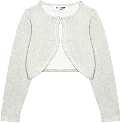 BOLEROSE Girls Long Sleeve Sparkle Cardigan Childrens Kids Bolero Shrug (Silver, 13-14 YRS)