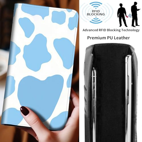Slim PU Leather Women Wallet, Long Bifold Phone Wallet Case, RFID Womens Mens Credit Card Holder Wallet, Personalized Wallet Bag, With Magnetic for Cash, Coin, Receipt, ID Card, Blue Cow Prints4