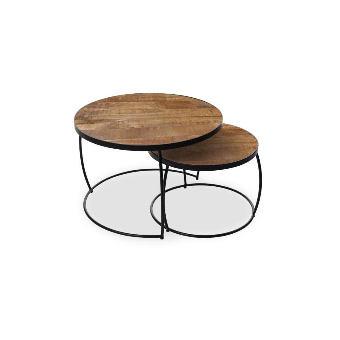Conforama Ensemble de 2 Tables Basses gigognes Rondes Larson – Bois Exotique et métal Noir – Style Industriel