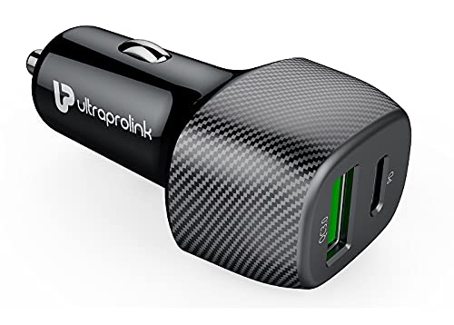 Image of UltraProlink UM1013 Mach 36 USB Type C Car Charger | 38W with 20W PD Port | Black | Premium Carbon Fibre Finish | Fast Charging | Protects Devices Against Excessive Current, Overheating & Overcharging