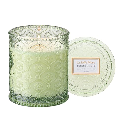 LA JOLIE MUSE Pistachio Macaron Scented Candle | Pistachio, Milk & Vanilla | 6 oz Natural Soy Wax | 40 Hours Clean Burn | Holiday Gift for Dessert Lovers | Seasonal Home Décor