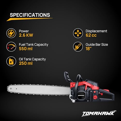 Image of TOMAHAWK GCS-4618 Gasoline Chain Saw | Lightweight 58CC, 2-Stroke Engine Adjustable Auto Chain Oiler Ideal for Wood Cutting and Pruning | Chainsaw for Home, Workshop & Professional Use