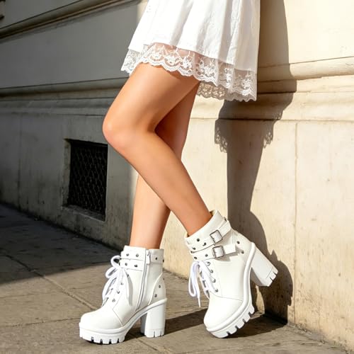 Image of FOREADA Goth Boots Chunky Heel Boot For Women Ankle Combat Booties Black Platform Bootie Buckle Rivets Punk Goth Shoes With Zipper