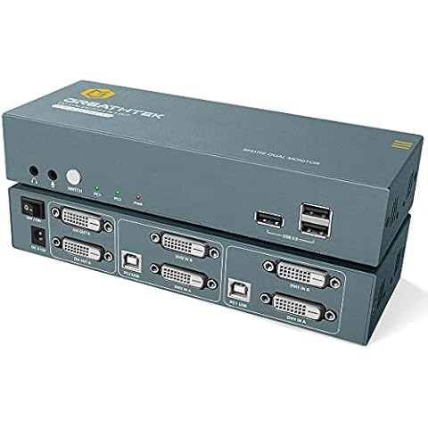 DVI KVM Switch Dual Monitor 4K@30Hz,2 Port,KVM Switches 2 PC 2 Monitor,USB2.0.2,Button Switch, Comes with 4 DVI Cables and 2 USB Cables,Supports Independent Audio Input and Output Cover