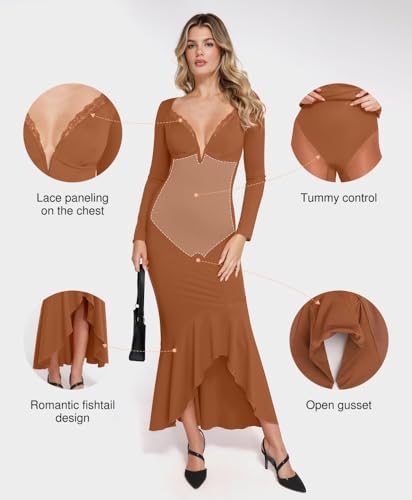 Image of Popilush Long Sleeve Cocktail Dress for Women Shapewear Tummy Control Party Dresses Deep V Neck Lace Mermaid Maxi Dress