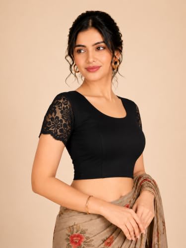 Image of Abhi Cotton Readymade Saree Blouse for Women- Half Net Sleeves, Round Neck, Regular-fit, Stretchable, Pull-on Style Blouse