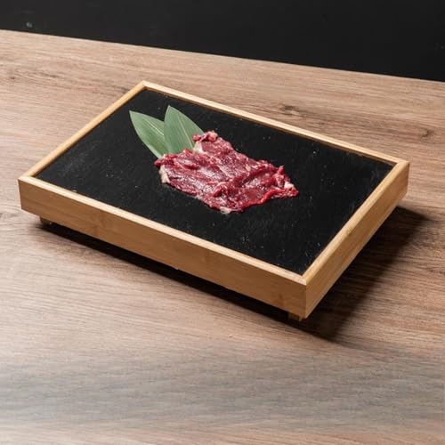 otoyeスレートプレート 盛台 寿司皿 大皿 天然石 長角 トレイ 竹 サービングプレート ステーキ皿 パス 盛り付け 盛り合わせ 業務用 料理飾り 焼肉 鍋料理 火鍋 創作 オードブル おしゃれ 和食店 居酒屋 日本 和食器 旅館 料亭 ホテル 飲食店