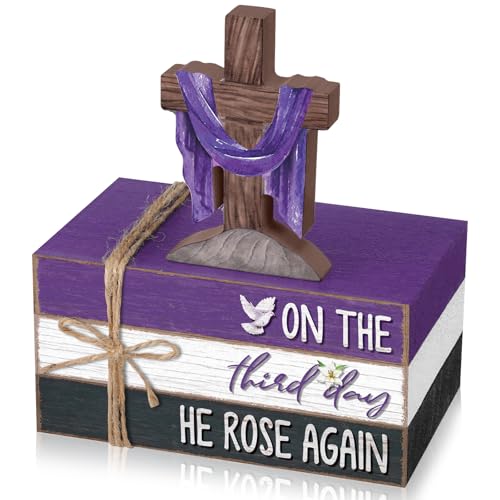 Geelin 4 Pcs Easter Lent Decorations for home, He Is Risen Wooden Sign Christian Tabletop with Cross and Scripture Theme for Table, Tiered Tray, Desk, Shelf, Faith Spring Decor