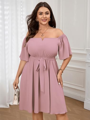 Image of SCOMCHIC Womens Plus Size Cocktail Dress Summer Off Shoulder Short Sleeve Flowy Ruffle A-Line Cute Mini Dress with Belt