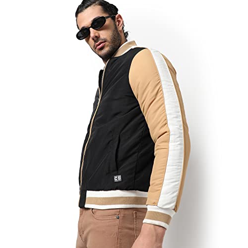 Image of Campus Sutra Men's Tan & Black Colour-Blocked Puffer Regular Fit Bomber Jacket For Winter Wear | Low-Cut Standing Collar | Full Sleeve | Zipper | Casual Jacket For Man | Western Stylish Jacket For Men