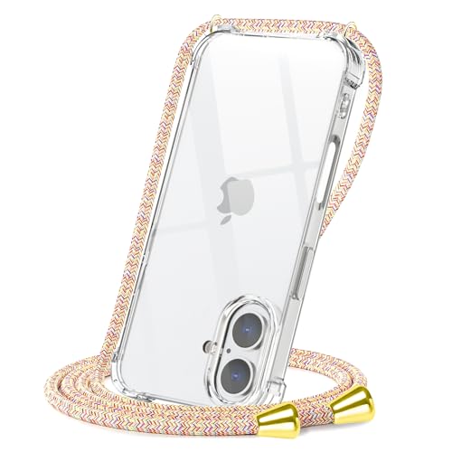 CAROKI Crossbody Case for iPhone 16,Necklace Mobile Phone Cover with Cord Strap Clear Transparent TPU Soft iPhone 16 Cover Holder with Neck Cord Lanyard Strap-Rainbow