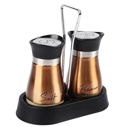 Salz und Pfeffer Sets, Salz- und Pfefferstreuer mit Halter, 2er Set Edelstahl und Glasflasche Salzstreuer Kellerspender für Küche, Kochen, Camping (Gold)