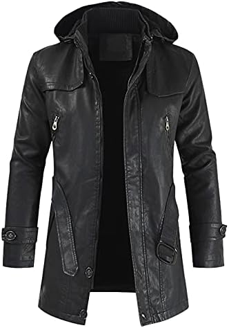 Men PU Leather Jacket with Zipper Winter Long Sleeve Belted Faux Leather Hoodie Trench Coat Biker Motorcycle Jacket (Black, L)