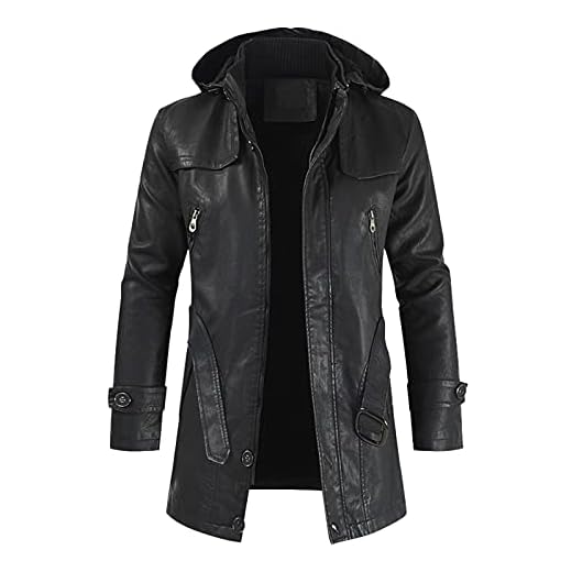 FSFA Veste en Cuir à Capuche pour Hommes d'hiver Chaud Zipper à Manches Longues Trench-coat Veste Cargo Vintage Col Montant Classique Mi-longue en Cuir Veste