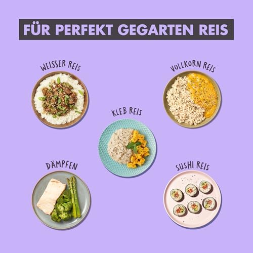 Bild 3 - REISHUNGER Reiskocher & Dampfgarer mit Keramikbeschichtung, Schwarz, 1,8L - bis zu 10 Portionen - Schnelle Zubereitung ohne Anbrennen - Mit Warmhaltefunktion inkl. Dämpfeinsatz, Löffel & Messbecher