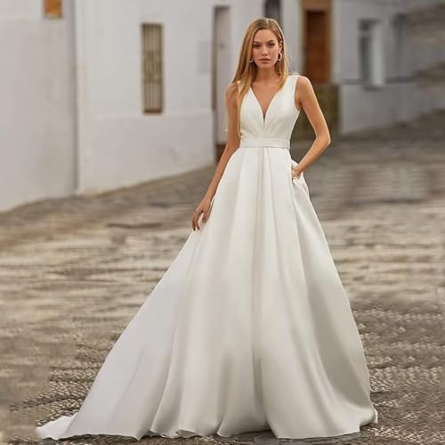 Women's V Neck Satin Wedding Dress for Bride A Line Floor Lenght Formal Bridal Dress with Pocket3