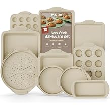 BAKKEN Kitchen Oven Baking Pans - Nonstick Gray Coating, Carbon Steel Bakeware Set with White Silicone Handles, Commercial Restaurant Quality Pans, PFOA, PFOS, PTFE Free, Oven Safe 450 F, Set of 10