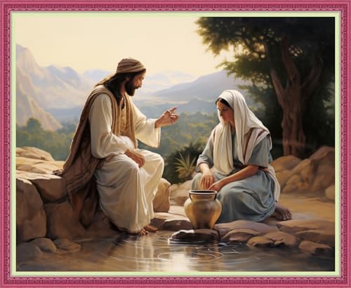 Image of Disnesart Cross Stitch Stamped Full Embroidery Kits DIY 11CT Cotton Thread Printed DIY Needlepoint Kits Craft Needlework Set Cross-Stitch Stamped Sets- Jesus and Women 16x20 inch