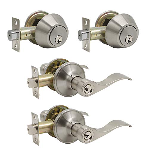 2 Sets-Wave Style Entry Door Levers with Double Cylinder Deadbolts Combo Pack, Keyed
