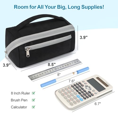 Image of Large Capacity Pencil Case - Pencil Pouch for Teen Boys, Aesthetic Pouch Organizer with 8 Compartments, Wide Opening Marker Bag for Middle High School College, Fits Calculator, Black | Wide Open 8 Compartments, Flexible Dividers & Side Pockets, Handle, 900D Fabric, College Supplies for Teens, Black & Grey