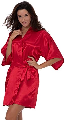ShinyLuck Women's Satin Short Kimono Robe Solid Color Dressing Gown Bridal Party Robe
