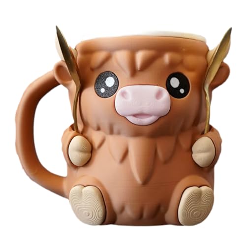 Raypontia Soporte para pinta de helado, impresión 3D Highland Cow Ice Pint Holder, cuenco decorativo para barro de tierras altas, helado de manos anticongelante con cuchara para viajes, niños, camping