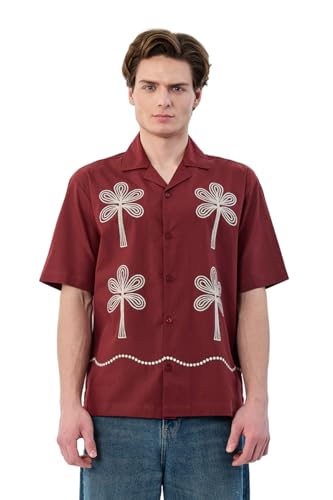 Image of SNITCH Men Casual Shirt | Box Fit Cuban Collar Short Sleeve Floral Embroidered Design | 100% Cotton Breathable Fabric for Summer & Vacation Outings | Burgundy