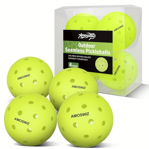 Amoswiz Pelotas de pickleball para exteriores, sin costuras, mejoradas, paquete de 4, duraderas para entrenamiento