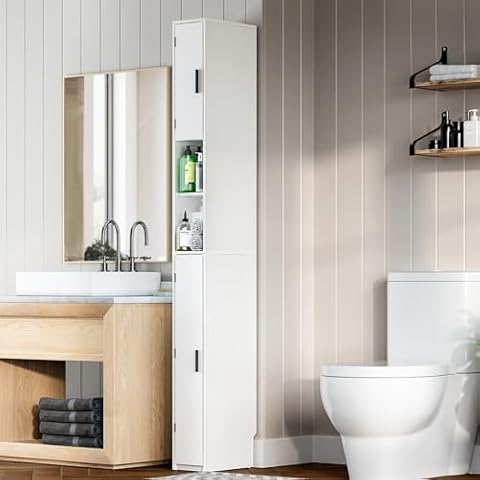 MOHOPE Narrow Bathroom Storage Cabinet - Tall Bathroom Cabinet with 2 Doors and Adjustable Shelves, Open Compartments, Slim Freestanding Cabinet for Small Space and Toilet, White ﻿ Cover