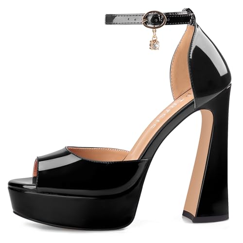 Women's Chunky Platform Heels Patent Leather Block Heeled Sandals Open Peep Toe Dressy Shoes with Ankle Strap Buckle and Rhinestone for Ladies Sexy Summer 5 Inch4