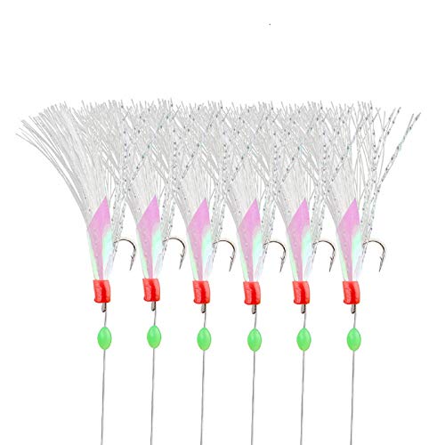 OCEAN CAT 10 Packs 6 Hook/Set Fishing Rigs Rainbow Skin Silk String Hook Fishing Lure Saltwater Freshwater Bait Rig Tackle 5#6#7#8#9#10# (red, 6#)