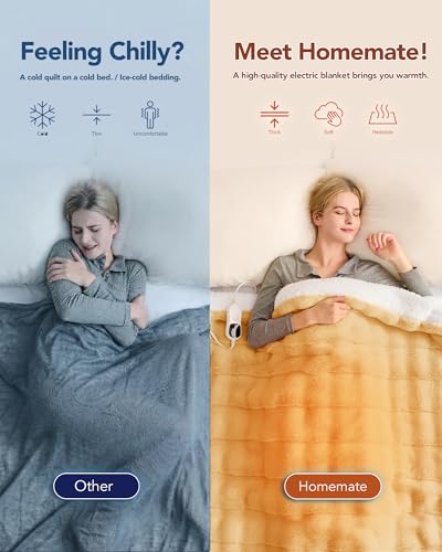 Image of Homemate Electric Heated Blanket Full Size - 72 inchx84 inch Heating Blanket Full Size 1 /2 /4 /6 /8 Hours Auto-Off 10 Heat Level Over-Heat Protection Luxury 800 GSM Faux Fur 200 GSM Sherpa ETL Certification