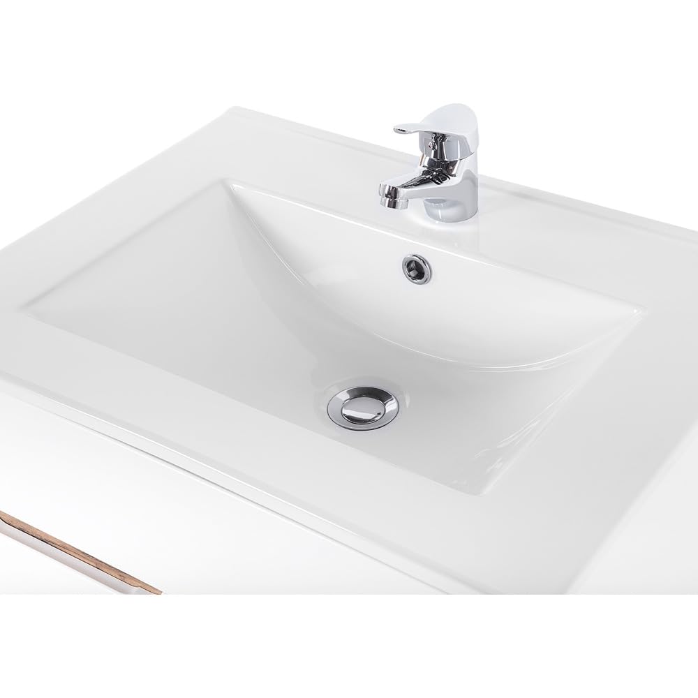 Lomadox Badezimmermöbel Set Hochglanz weiß mit Wotan Eiche Nb., 61 cm Waschtischunterschrank mit Keramik-Waschtisch, LED-Spiegelschrank & 3 Hängeschränke