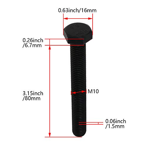 Image of M10 x 80mm Carbon Steel Grade 8.8 External Hex Head Screw Bolts Metric Thread Hexagon Bolts Fastener, 86.7 x 16 x 16mm (Lx W x H) Bolts for Machinery Industry Furniture Hardware Black 5pcs