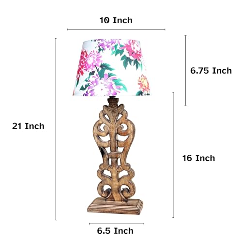 Image of tu casa Mangowood Rustic Brown French Table Lamp for Home Decoration, Bedroom, Living Room, Lounge, Office, Festival Gifting, Study Table (Carnation Print with Satin Shade) H - 21 inch / No Blub