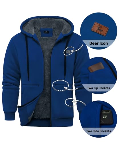 Image of Little Beauty Fleece Hoodies for Men Winter Thick Jackets Sherpa Lined Zip Up Sweatshirt With Kanga Pocket