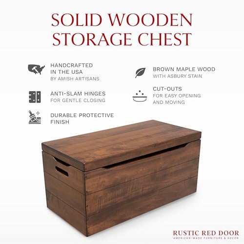 Image of Amish Made Wooden Storage Chest Trunk Box with Lid and Handles for Bedroom, Blanket, Clothes, Anti-Slam Hinges, Handmade, Rustic, Brown Maple Wood, Asbury Stain, 30 inch