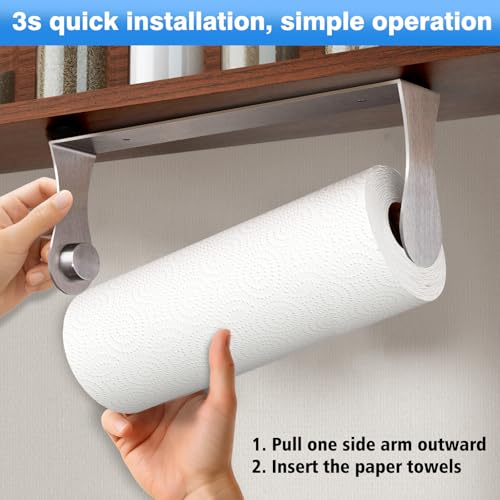 Image of Paper Towel Holder Under Cabinet, Stainless Steel, Adhesive or Screw Mount, Fits Standard & Mega Rolls, Wall Mount Rack for Kitchen, Bathroom, RV, Silver
