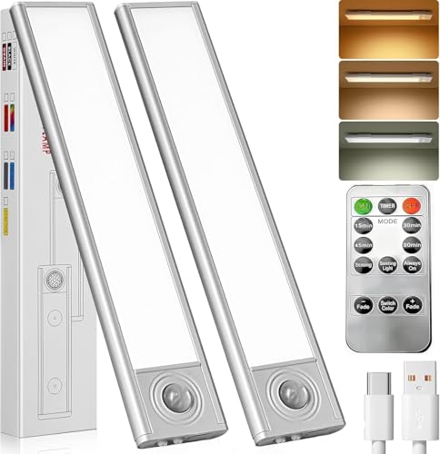 Under Cabinet Kitchen Lights, 20cm LED Motion Sensor Lights Indoor with Remote Control, 3 Color Stepless Dimming, 1500mAh Rechargeable Wardrobe Lights for Cupboard, Kitchen Bedroom, Hallway (2 Pcs)