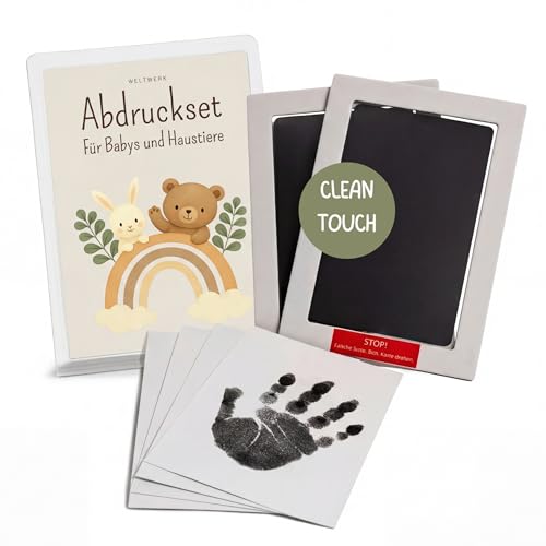 WELTWERK Baby Abdruckset für Handabdruck & Fußabdruck [Clean Touch] Stempelkissen inkl. 4 Karten & 25+ PDF Vorlagen zum Ausdrucken Pfotenabdruck Set Hund & Katze Geschenk für Babyparty & Geburt