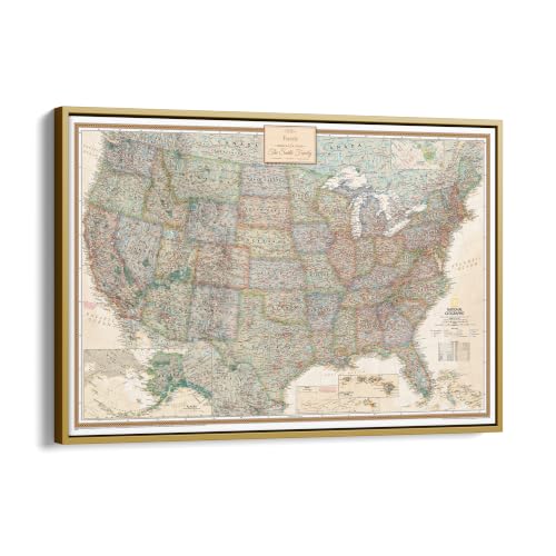 Image of Executive United States Map with Pins - Detailed National Geographic USA Canvas Travel Tracker - Extra Large Framed Wall Art - Gold Float Frame - 34 inch x 51 inch