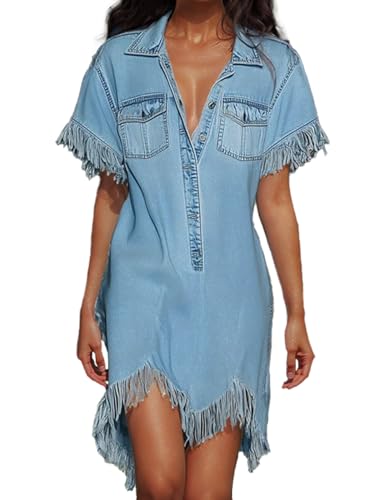 Denim Dress for Women Loose Fit, Jean Dress for Women with Short Sleeve, Pocket, Casual Blue Dress for Summer, Daily