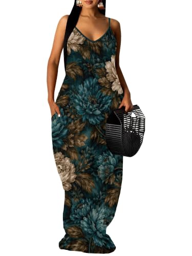 Image of Women's Summer Maxi Dress Spaghetti Strap Floral Boho Beach Long Sundress with Pockets