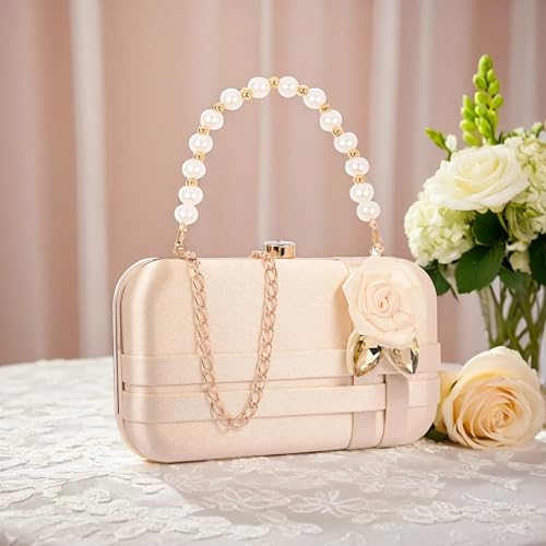 Image of ADISA Studded flower formal party clutch with pearl handle and gold chain for women and girls (CL111)